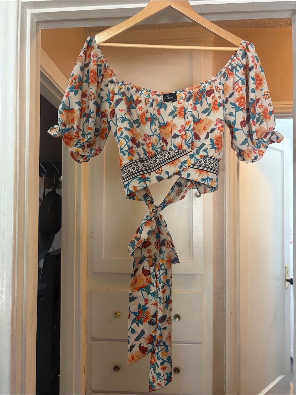 Floral Tie-Front Crop Top - White with Orange & Teal Print